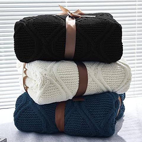 Longhui bedding Chenille Ivory White Sherpa Throw Blanket – Thick, Soft, Big, Cozy Knit Fleece Blanket for Couch, Sofa, Bed – Large 51 x 63 Inches Cover