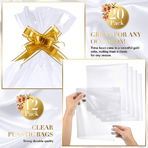 Image of Thenshop 44 Pcs Basket for Gifts Empty Gift Basket Bulk Include 12 Cardboard Tray 12 Plastic Bags and 20 Pull Bows for Christmas Fall Halloween Birthday Wedding Party DIY Wrapping(Solid,Gold)