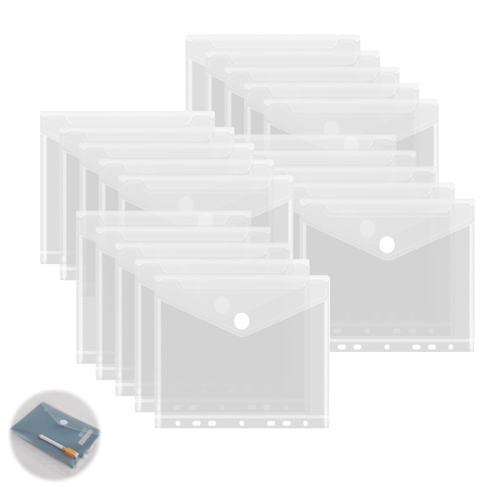 20 Piezas Carpeta A5 Sobre Plástico con Botón,A5 Carpeta Plastico 7 Agujeros, 22.8x18cm,Plástico Transparente Carpetas Sobre para Organización de Documentos en Oficina, Escuela y Hogar