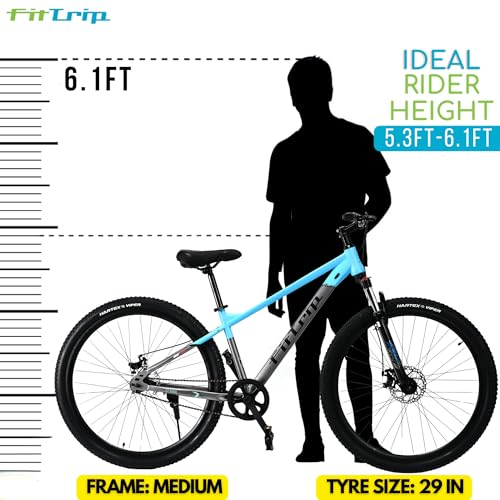 Image of FitTrip Fox Rush 29T Unisex MTB | Non Gear MTB | Clarks UK Dual Disk Brakes | XC60 Lockout Suspension I 1030 Alloy Frame w /Internal Cabling | Zero Maintenance (Azure Blue)