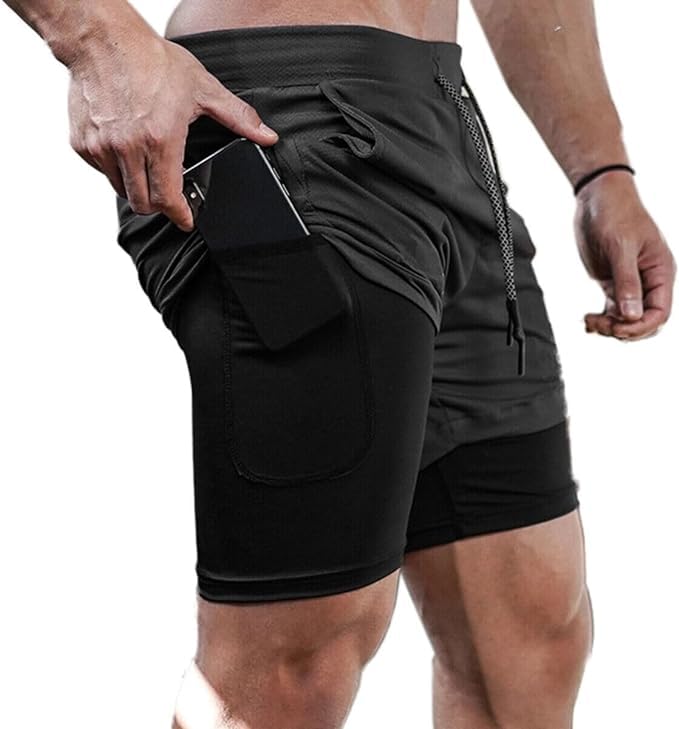 Seven-FlowerMens 2 in 1 Running Shorts Quick Dry Athletic Shorts with Liner, Workout Shorts with Zip Pockets (Black,XL)