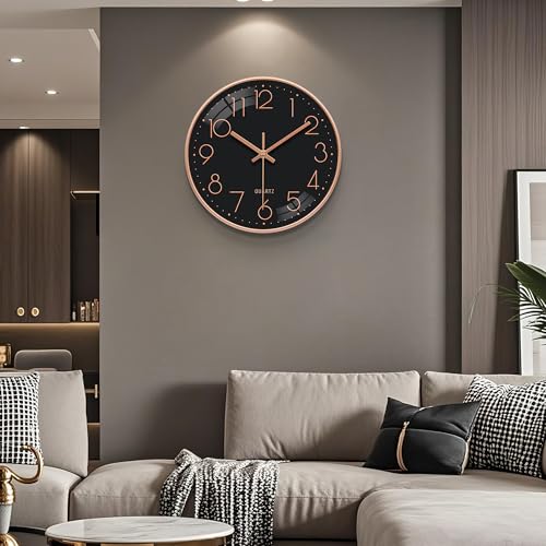 VIKMARI Stiller Wanduhr 25 cm Batteriebetrieben Nicht-Tickend mit 3D-Goldzahlen Quarzuhr Analog Deko für Schlafzimmer Büro Badezimmer (Roségold Schwarz) – Bild 6