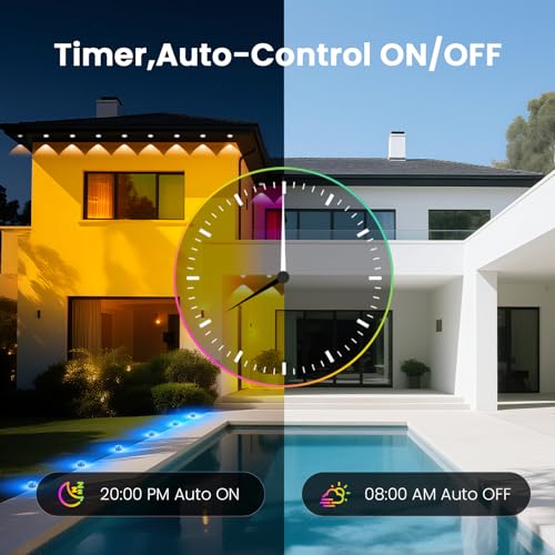 Image of Led Outdoor Ground Lights, Permanent Outdoor Lights for House with RGB Color Changing, Bluetooth Music Sync, IP67 Waterproof, Timer for Eaves Swimming Pool, Beach, Grassland (200 FT)