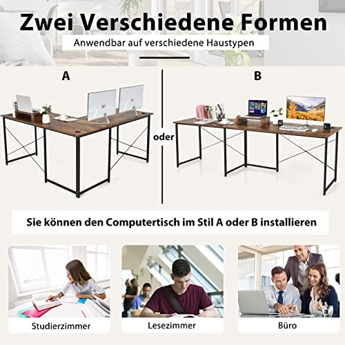 COSTWAY Biurko w kształcie litery L, dwustronne biurko narożne ze stojakiem na monitor, stół narożny z 3 otworami na kabel, stolik pod komputer, do biura domowego, 150 x 150 x 74 cm (rustykalny brąz)