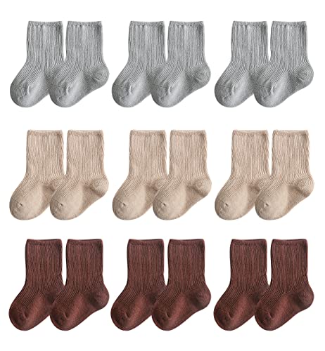 Image of Whteian Baby Cotton Crew Socks Unisex Baby Sock Soft Cozy Ankle Socks for Newborn Infant Toddlers Kids 0-36 Months (（3Pairs Grey ，3Pairs brown ，3Pairs khaki）, s)