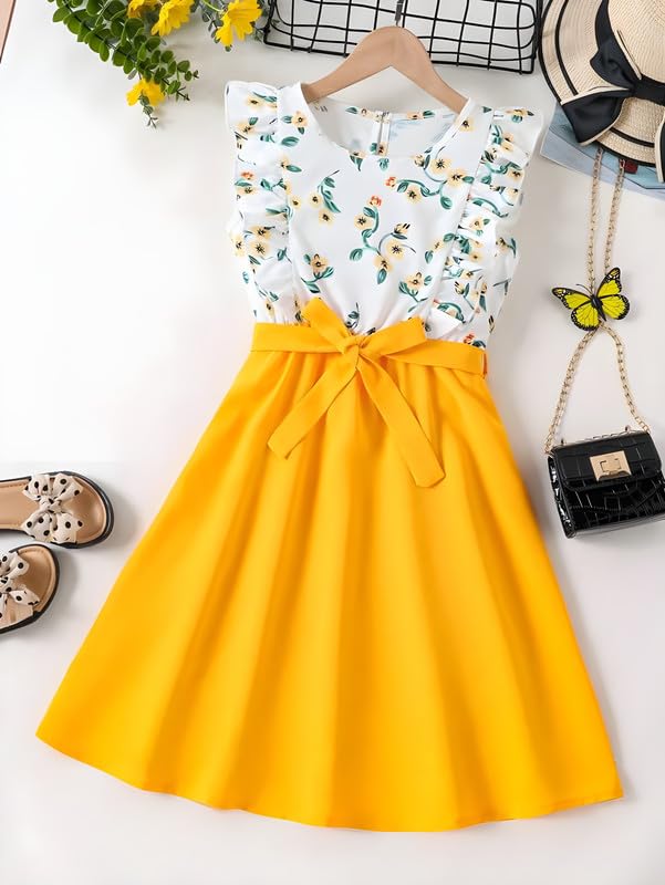 Image of Niren Enterprise Girl's Floral Pattern Rayon Frock Dress with Cap Sleeve Round Neck Knee Length and A-Line Pull On Closure Type