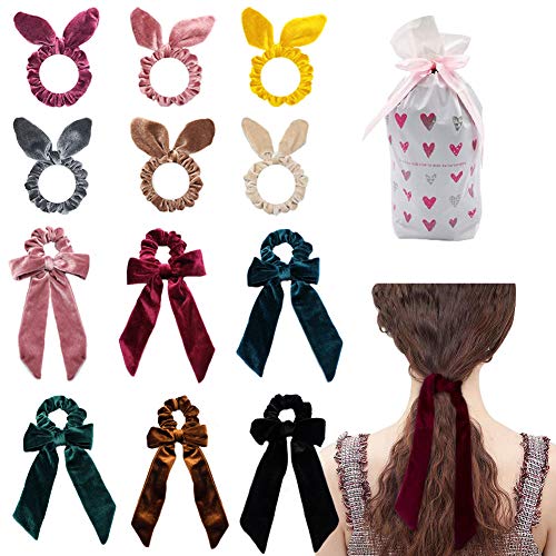 12 Pcs Hair Scrunchies,Velvet Elastic Scrunchy Bobble Soft Hair Bands,Chiffon Bowknot Vintage Floral Scarf Hair Ties,Colorful Ponytail Holder for Girls and Women with Storag
