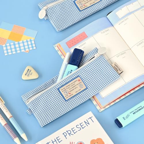Image of Monolike Unmatched Friends Picnic Check Pencil Case, Blue - Aesthetic Gingham Pastel Desk Organizer, Trendy Minimalist Stationery Pouch