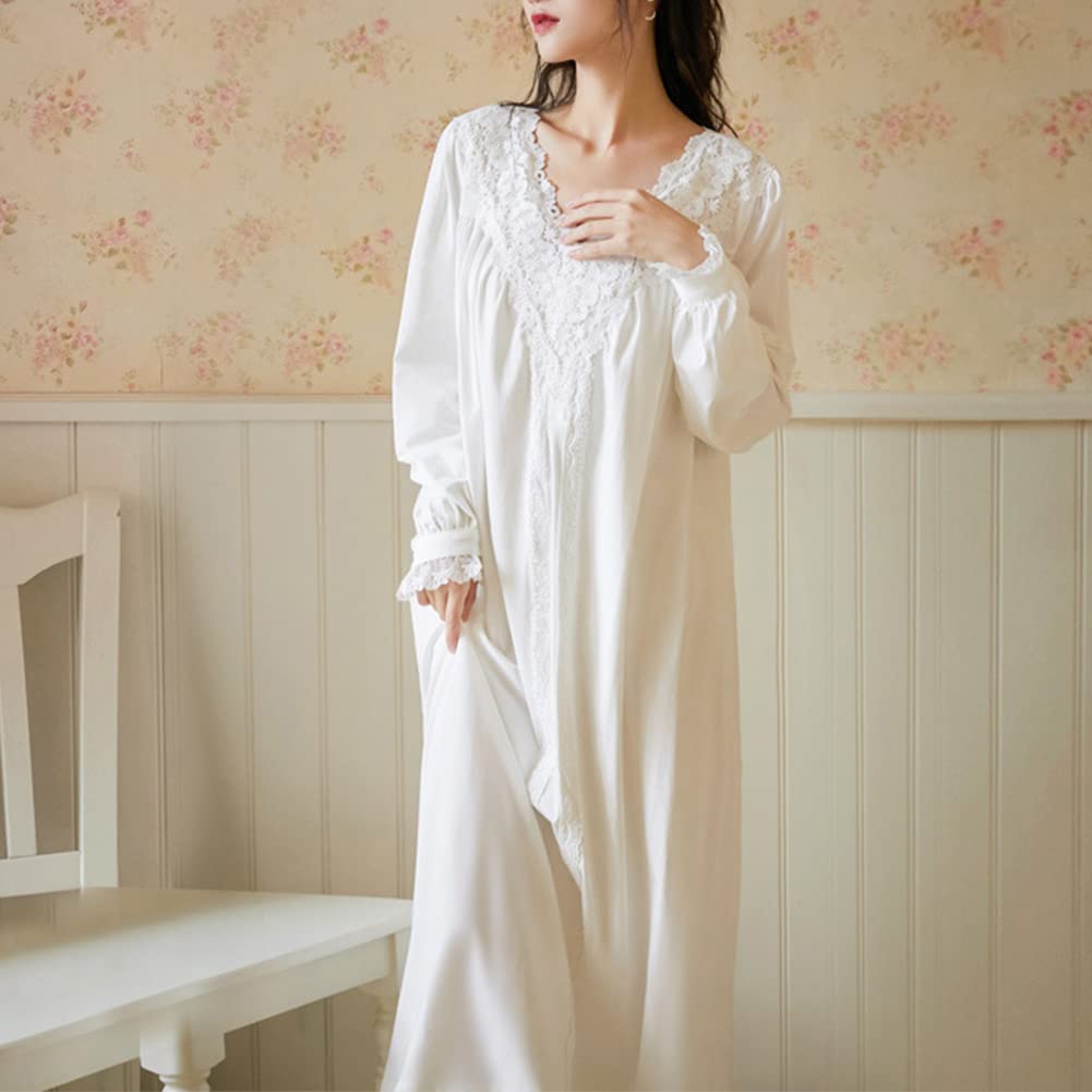 GUOCU Damen Mädchen Vintage Süß Prinzessin Stil Nachthemd Langarm Pyjama mit Floraler Spitze Bestickt V-Ausschnitt Nachtkleid Nachtwäsche Lounge-Kleid Schlafkleid Baumwolle Schlafanzug Sleepwear