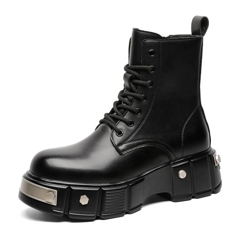 Men's Black Platform Ankle Goth Boots Lace up Side Zip Lug Sole Combat Booties Punk Motorcycle Boots Gothic Shoes - Main Image