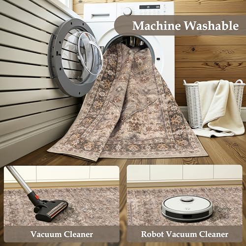 Winslssol Washable Entryway 2x3 Runner Rug: Non-Slip Backing Rugs for Kitchen Bathroom Vintage Easy to Clean Stain Resistant Carpet for Bedroom Soft Low Pile Front Door Mat for Living Room 2x3 Brown — view 4