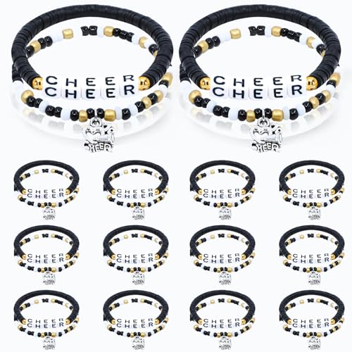 48 Pcs Cheerleader gifts for Women Cheer Bracelets Stackable Friendship Heishi Surfer Bracelets Cheer Team Gifts for Cheerleaders