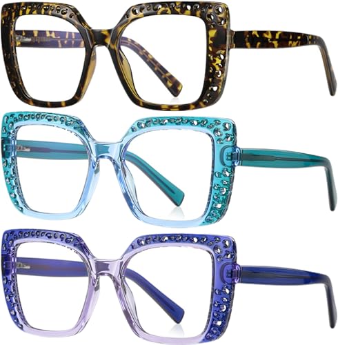 Image of ICARA 3 Pack Fashion Oversized Square Reading Glasses for Women, Retro Celebrity Style Blue Light Blocking Computer Readers