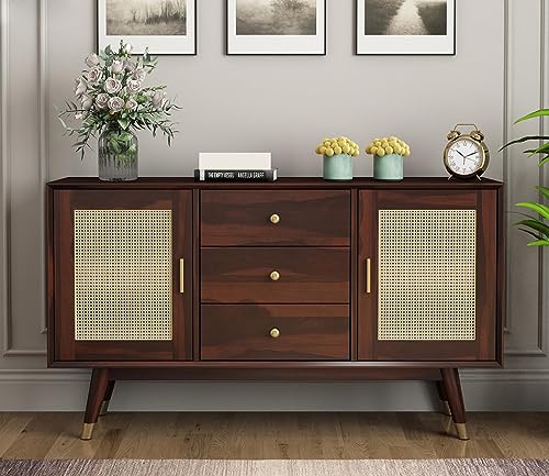 Image of SHIKHA WOOD CRAFT Solid Sheesham Wood Sideboard Cabinet With 3 Drawers and 2 Rattan Cane Doors | Multipurpose Wooden Storage Organizer Furniture for Kitchen, Living Room, Bedroom, Home (Walnut Finish)