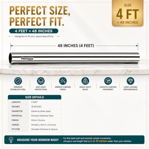 Image of Herrlich Homes Stainless Steel Curtain Rod | Silver & Chrome Finish | Anti-Rust | Sturdy & Durable | Multipurpose | SS Pipes for Door, Window, Shower, Home and Office | 48 Inches | 4 feet, 5 Pipes