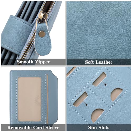 Image of GOIACII RFID Secure Wallet for Women Small Card Holder Leather Blue | Trifold Billfold, Vegan Leather, Compact Size, 4 ID Windows, 12 Card Slots, 1 Zipper Coin Pocket, Minimalist