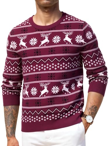 Crewhpo Suéter Navidad Hombre Jersey Navideño de Cuello Redondo de Manga Larga Reno Pullover de Punto para Otoño Invierno