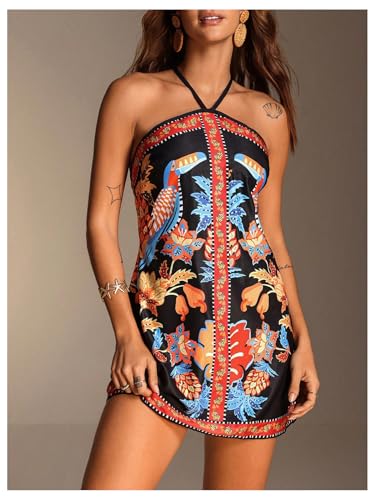 Image of RoseSeek Women's Floral Boho Dress Criss Cross Tie Backless Mini Dresses Halter A Line Sundress