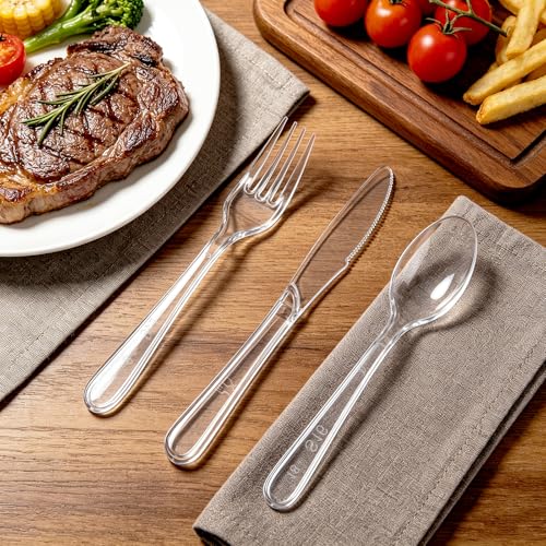 Image of Lamosi 360 Count Extra Heavy Duty Clear Plastic Silverware Set, 150 Forks, 150 Spoons, 60 Knives, Disposable Plastic Utensils Set, BPA-Free, Heat Resistant for Weddings, Parties & Events