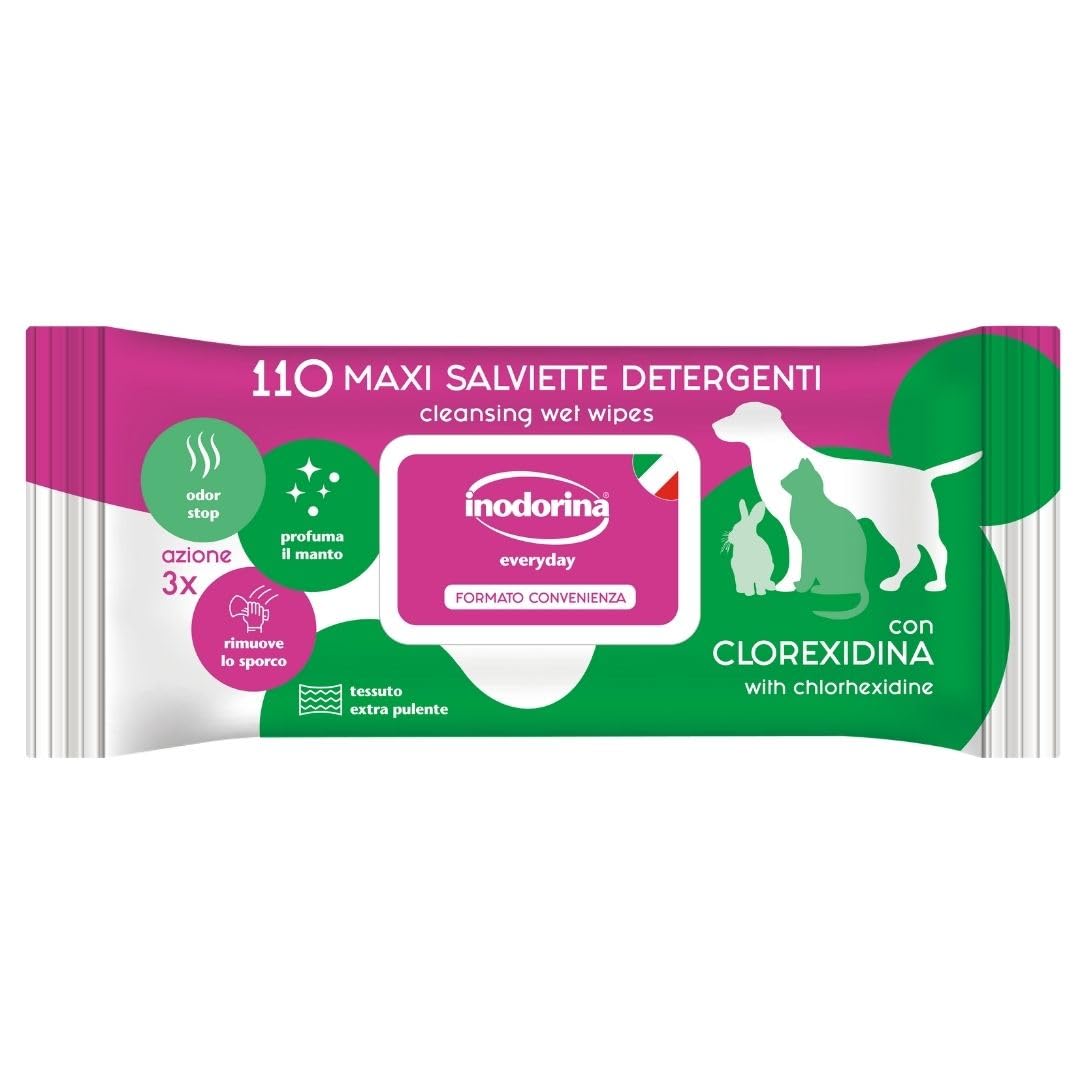 Inodorina Salviette Detergenti Umidificate per Cuccioli Cani e Gatti alla Clorexidina Everyday 110 pz