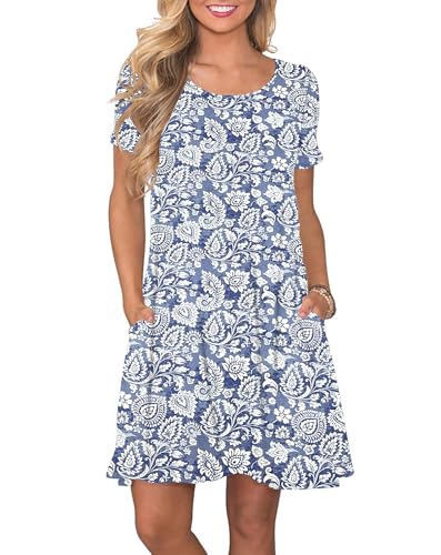 AUSELILY Damen Kleider Sommer Kurzarm Shirtkleider Kurz Sommerkleider Leicht Freizeitkleid mit Taschen Blaue Paisley M