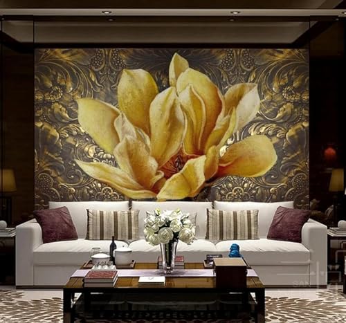 Image of XLMING Relief Vintage Gold Floral Art 3D Wallpaper Premium Textured Silk Study Dining Living Room Bedroom Sofa TV Wall Easy Install-250cm×170cm
