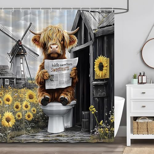 ZQANZQ Funny Highland Cow Shower Curtain Western Country Farmhouse Longhorn Reading Newspaper in Restroom Rustic Sunflower Yellow Floral Vintage Windmill Texas Bathroom Decor Set with Hooks -  ZHQIANG