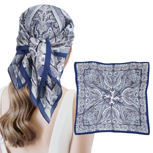Blue Brown Bandana Silk Head Scarf, 27.5 Inches Brown Head Wrap for Women, Lightweight Square Headscarf for Hair