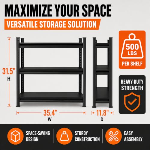 Image of Metal Garage Shelving Unit, Heavy Duty Adjustable Storage Shelves, Steel Shelving, 1500 lbs Capacity Shelves for Heavy Tools and Equipment, 3 Tier, 35.4 inch W x 11.8 inch D x 31.5 inch H