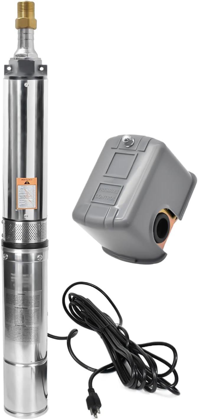 iMeshbean Deep Well Submersible Pump 2HP 230V 37GPM 427FT Lift 4" Stainless Steel Water Pump for Industrial Irrigation Home with Pressure Switch External Check Valve 100FT Power Cord