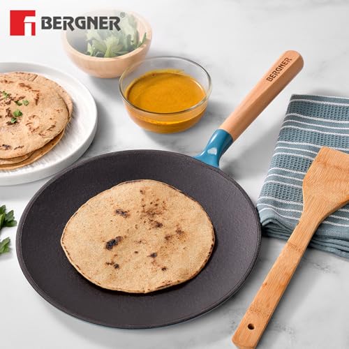 Image of BERGNER Excalibur Lightweight Cast Iron Roti Tawa 26cm, Sturdy Wooden Handle, Non-Stick Coating, PFAS Free, Perfect Heat Distribution, Elegant Design - Induction and Gas Stove Ready (Blue)