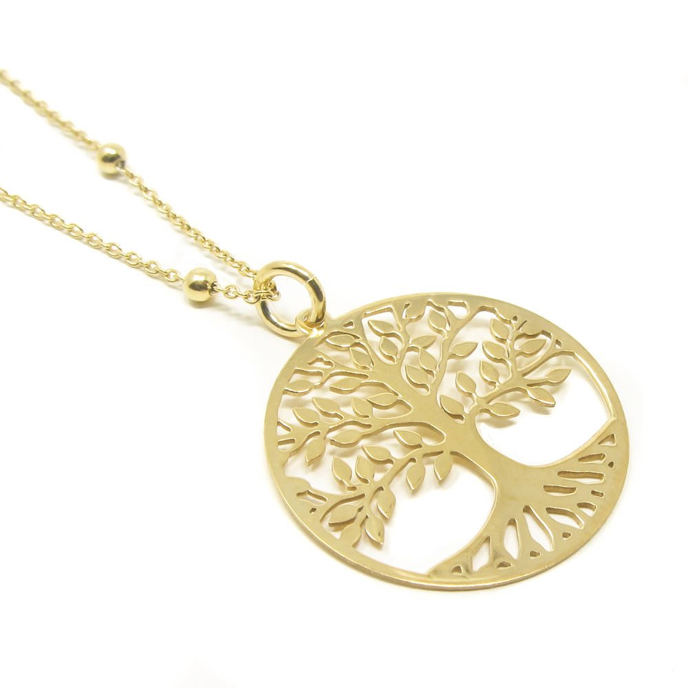 WANDA PLATA Collar Colgante Árbol de la Vida para Mujer Plata de Ley 925 con Baño de Oro, Gargantilla Dorada, Largo de la Cadena 40 centímetros Viene en Caja de Regalo.