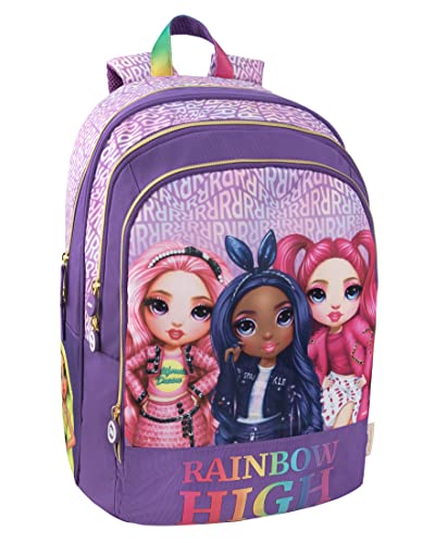 RAINBOW HIGH - Zaino Scuola Media Elementare Bambini e Ragazzi con Schienale Imbottito e Rinforzato Spallacci Regolabili e Vano Principale + Tasca Frontale cm 32x21x43h con zip