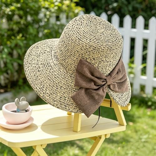 Sombrero de paja ancho para mujer con moño azul miniatura 2