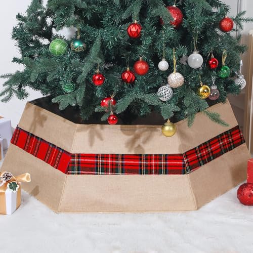 Jenaai 42 Inch Extra Large Tree Burlap Collar with Red Buffalo Plaid for 12ft Large Christmas Tree Xmas Tree Ring Christmas Tree Skirt for Holiday Party Decoration, Easy Set up