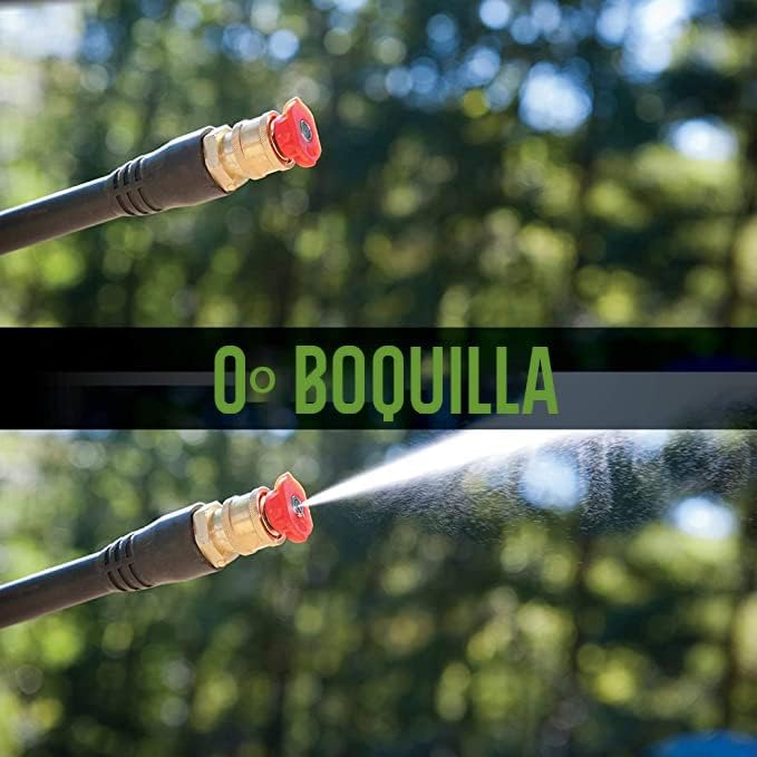 Red 0-degree pressure washer nozzle spraying a concentrated stream.