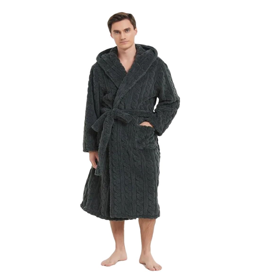Uomo Addensare Jacquard Flanella Robe Inverno Caldo Sleepwear Lounge Wear Peluche Pile Corallo Con Cappuccio Accappatoio Abito Da Casa Usura Da Notte