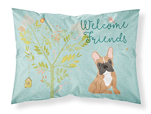 Caroline's Treasures BB7633PILLOWCASE Welcome Friends Fawn French Bulldog Fabric Standard Pillowcase Lightweight Super Soft Easy Care Decorative Artwork Pillowcase, Standard