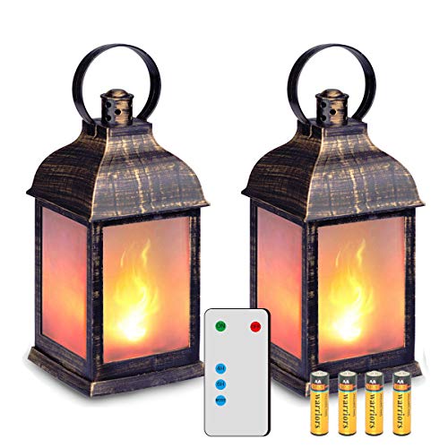 zkee 11" Vintage Style Decorative Lantern,Flame Effect LED Lantern,(Golden Brushed Black,Remote Timer) Indoor
