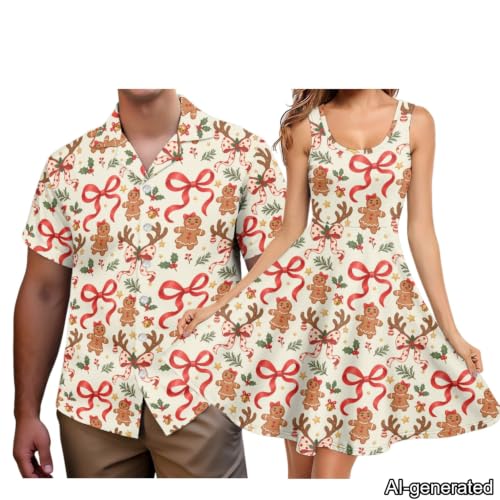 Image of Dreaweet Summer Dresses for Women A-Line Sleeveless Flowy Sun Dresses,Men's Casual Button-Down Shirts,Couple Matching Outfits