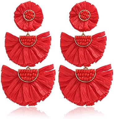 Bohemian Statement Earrings - Lightweight Tiered Raffia Beaded Earrings Drop Dangle Gifts for Women Girls (Red)