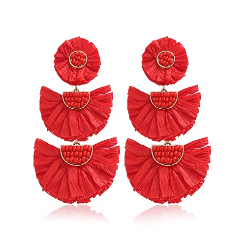Bohemian Statement Earrings - Lightweight Tiered Raffia Beaded Earrings Drop Dangle Gifts For Women Girls (Red) #TOP2