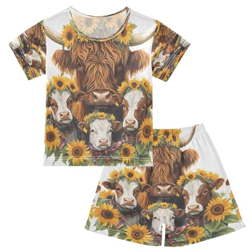 ALAZA Family Highland Cow Sunflower Pajamas Set Short Sleeve Cotton Sleepwear Summer Pjs 2 Piece 5-14Y