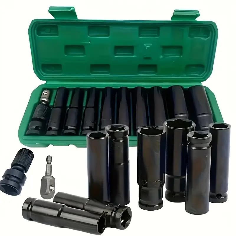 Image of Djv Creation 11 Pieces 1 /2-Inch Square Drive 78mm Deep Impact Socket Hex Set, 6-Point Standard Metric Sizes CR-V Steel 10mm to 24mm (Green) (11 in 1 impact socket set)