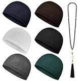 ONART HOME - Kufi Hats for Men Stretchable and Breathable Crochet Taqiyah Soft Islamic Prayer Cap Comfortable Skull Beanie for Large Head Sizes 6 Pack with 99 Beads Tasbih Multi