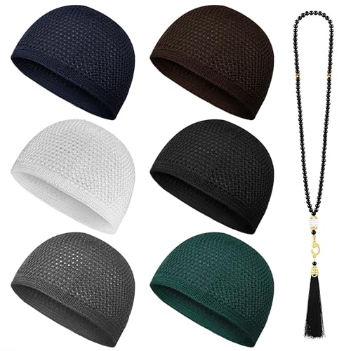 ONART HOME - Kufi Hats for Men Stretchable and Breathable Crochet Taqiyah Soft Islamic Prayer Cap Comfortable Skull Beanie for Large Head Sizes 6 Pack with 99 Beads Tasbih Multi