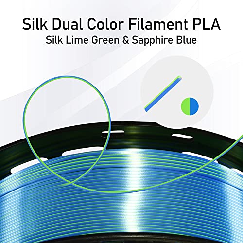 Image of MIKA3D 1KG Dual Color Co-Extrusion 3D Silk PLA Filament, Shiny Sapphire Blue Lime Green 2 Colors in 1 3D Material, 1.75mm Bicolor Dichromatic 2 Colors 3D Printing PLA, Widely Fit for 3D Printer