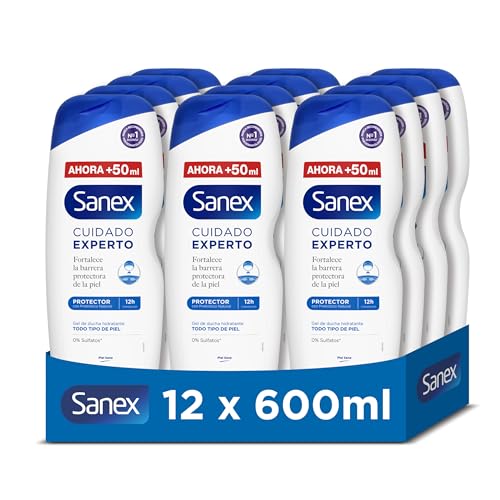 Sanex Cuidado Experto Protector Gel de Ducha, Pack 12 Uds x 600ml, Gel de Baño, Limpia Suavemente,...
