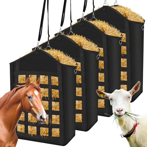 Hay Bags for Horses, 4pcs Slow Feed Hay Bags for Horses, Goats, Sheep, Donkey, Premium Oxford Hay Feed Bags with Front Hay Nets Design, Easy to Fill and Hang with Large Opening for Easy Filling