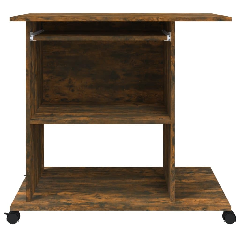 Rolling Computer Desk with Keyboard Tray & CPU Stand, Smoked Oak | Space-saving engineered wood workstation measuring 31.5 x 19.7 x 29.5 inches, ideal for small home office spaces.